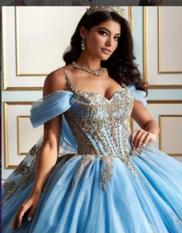 Vestido Vithória - azul serenity/com dourado classico - Vithória - azul serenity/com dourado classico